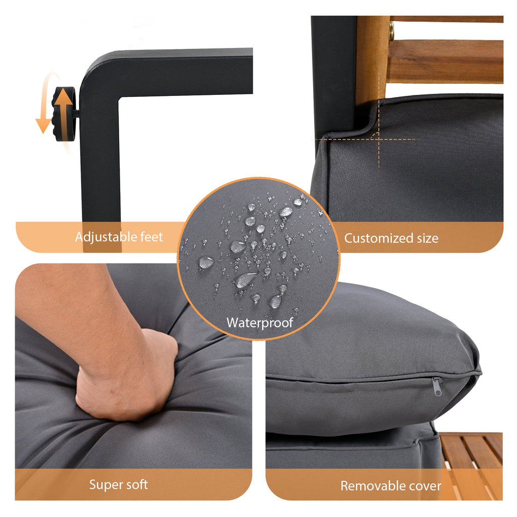 GO Large Size 4-pieces Outdoor Furniture sofa for 5 Person Conversation Set, Garden Sofa Set With Removable Cushion, Metal And Wood Frame Sofa set, Thick Cushions, Acacia Wood Tabletop, Gray