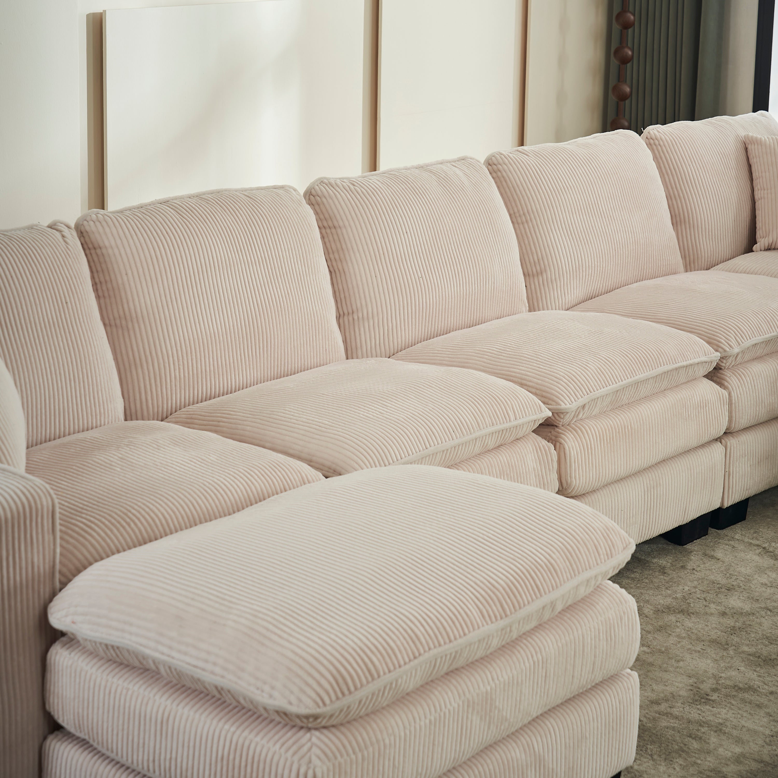 Modern U Shaped 6-seat Sectional Sofa Couch with one Ottoman and three toss pillows ,Modular Sofa for Living Room,Corduroy sofa