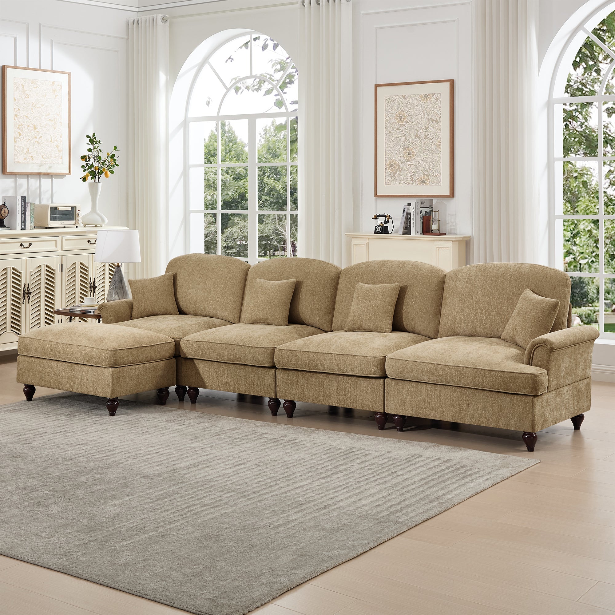 Classic Three Seater Modular L Shaped Sectional Couch with Flared Arms and Removable Ruffles Pleats Skirts and Spindle Legs, Comfy Chenille Four-Seat Deep Seat Sofa with Movable Ottoman, Light Coffee