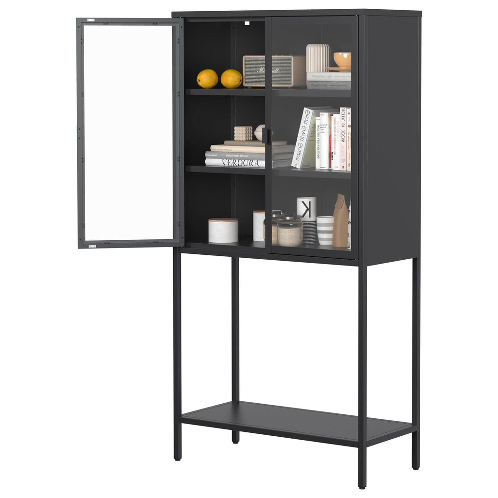 59"H Heavy Duty Metal Storage Cabinet,Sideboards & Buffet,Display Storage Cabinet with Glass Doors and 2 Adjustable Shelves, Tall Bookcase Modern Bookshelf Cabinet for Home Office, Living Room