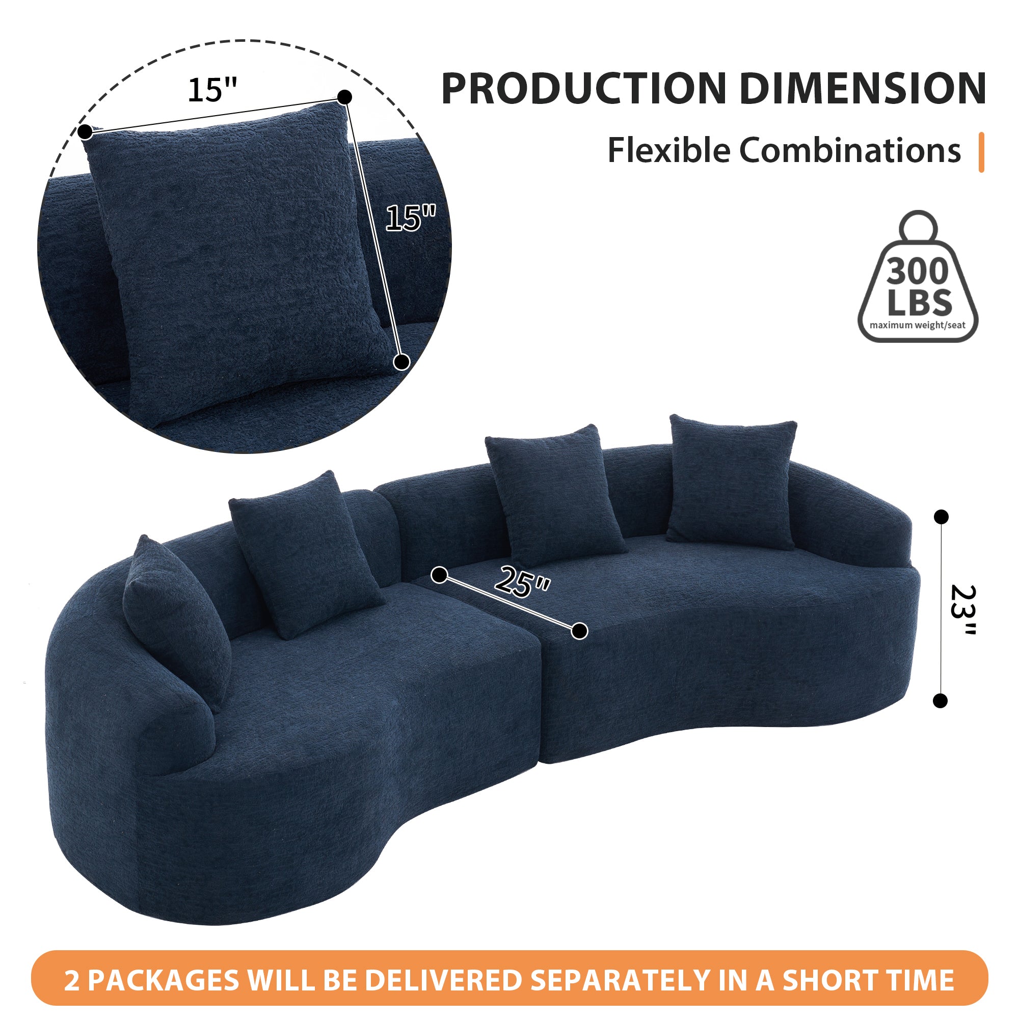 Compression Sponge Sofa Blue Curved Modular Sectional, 30D High-Density Chenille Sleeper Couch for Apartment, Living Room,110'L
