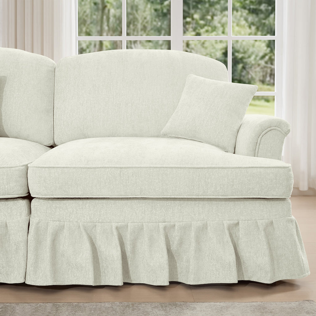 Mid Century Three Seater Modular L Shaped Sectional Couch with Flared Arms and Removable Ruffles Pleats Skirts and Spindle Legs, Comfy Chenille 3-Seat Deep Seat Sofa with Movable Ottoman, Beige White