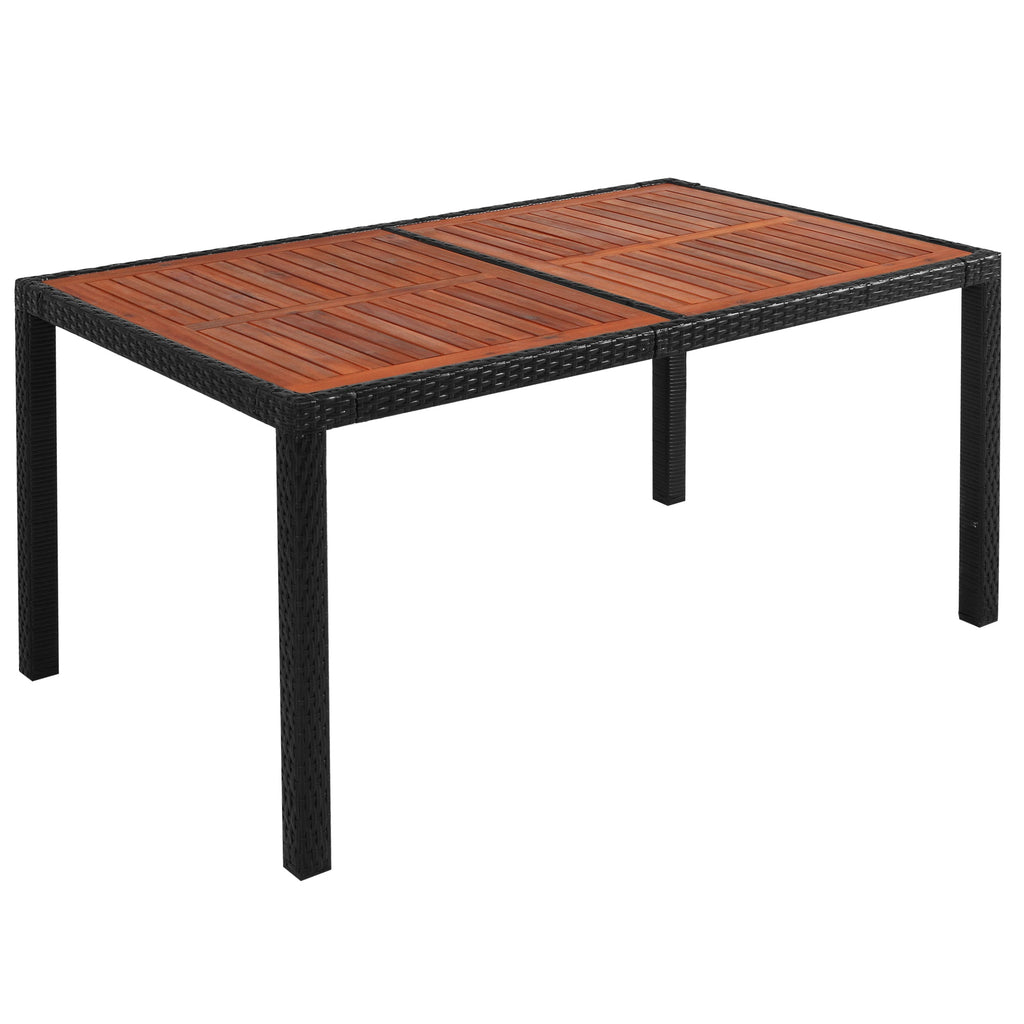 7-Piece Outdoor Patio Dining Set, Garden PE Rattan Wicker Dining Table and Chairs Set, Acacia Wood Tabletop, Stackable Armrest Chairs with Cushions, Reddish-brown