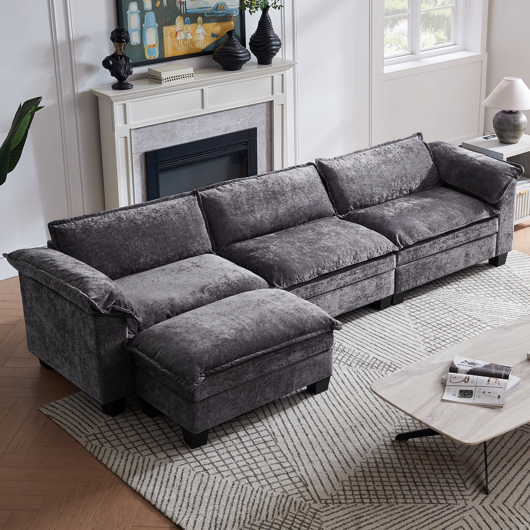 Comfy Modular Sectional Couch with Ottoman, 120' L Shaped 3 Deep Seat Fluffy Cloud Sofa, Modern Sleeper Sofas Soft Couches Set for Living Room, Apartment, Office, Studio, Chenille, Black