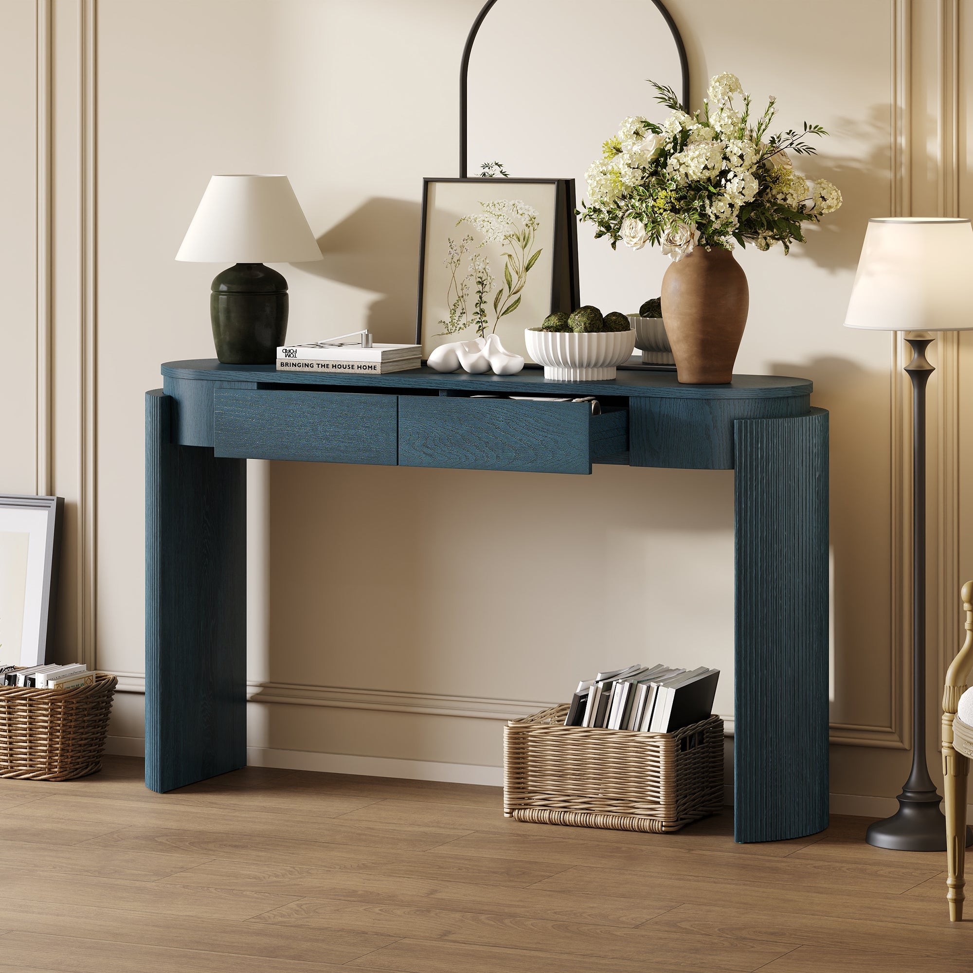 TREXM Entryway Table with Natural Wood Grain Finish, Console Table with Fluted Design, Oval Top and 2 Drawers for Entryway and Living Room (Navy)