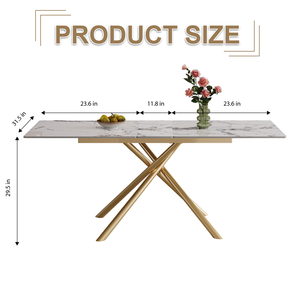 59-inch Modern rectangle Expandable Dining Table with Retractable Leaf, Sintered Stone Top & Golden Carbon Steel X-Base, Sturdy 4-6 Person Table for Small Apartments, Kitchen, Dining Room