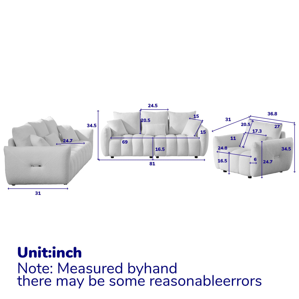 1 Seater + 3 Seater + 3 Seater,  Combo Sofa Modern Living Room Sofa, Teddy Sofa, Wooden Frame, 7 Cushions, Apartment Sofa Furniture