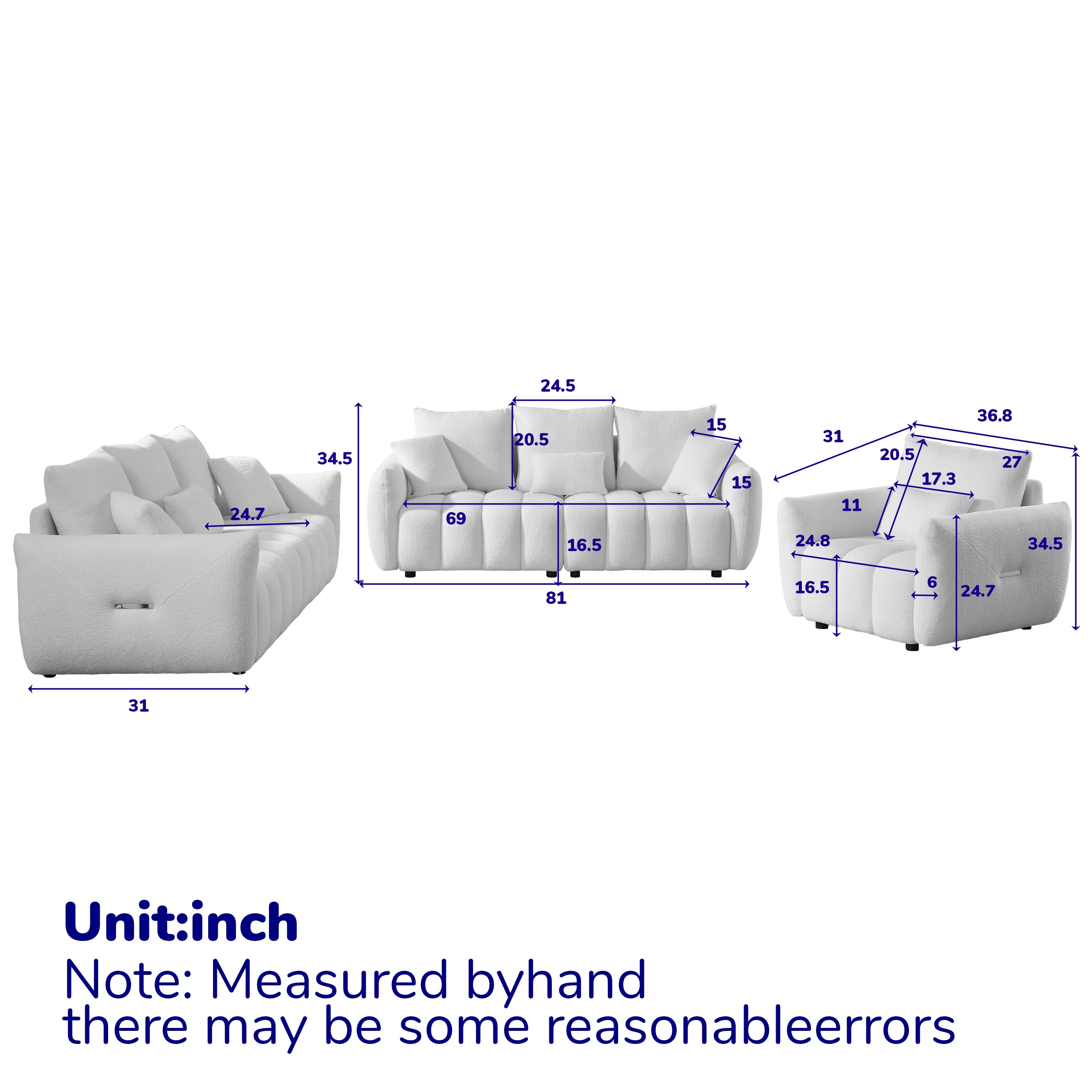 1 Seater + 3 Seater + 3 Seater,  Combo Sofa Modern Living Room Sofa, Teddy Sofa, Wooden Frame, 7 Cushions, Apartment Sofa Furniture