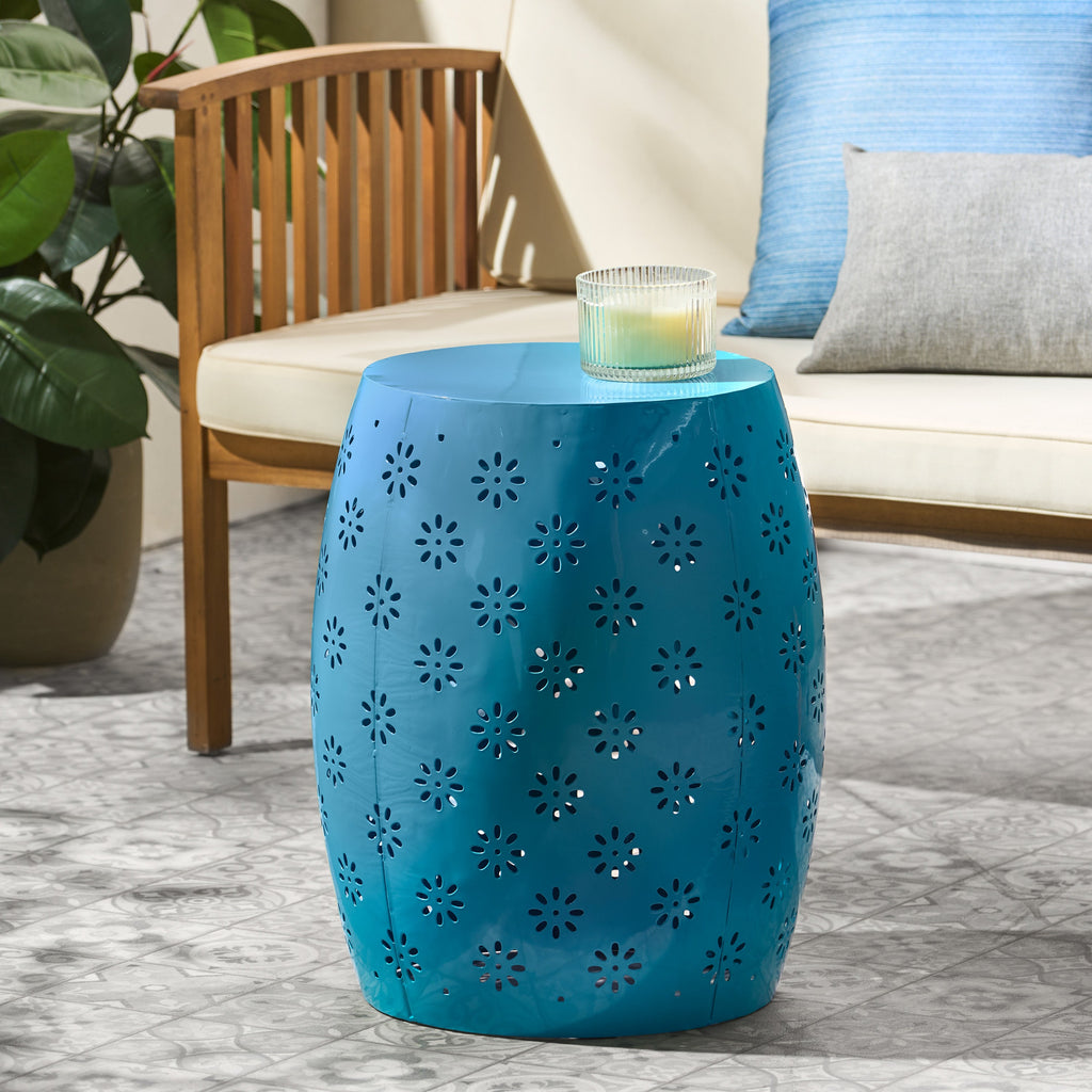 SOLEIL Barrel-Shaped Side Table Blue Iron 15.75 x 15.75 x 20.50 Inches