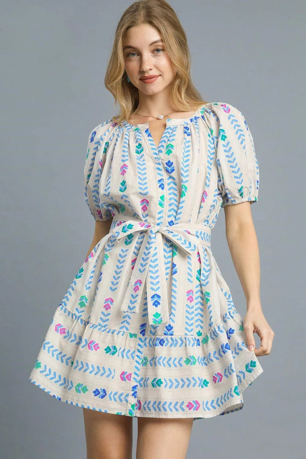 Umgee Printed Tie Waist Puff Short Sleeve Mini Dress