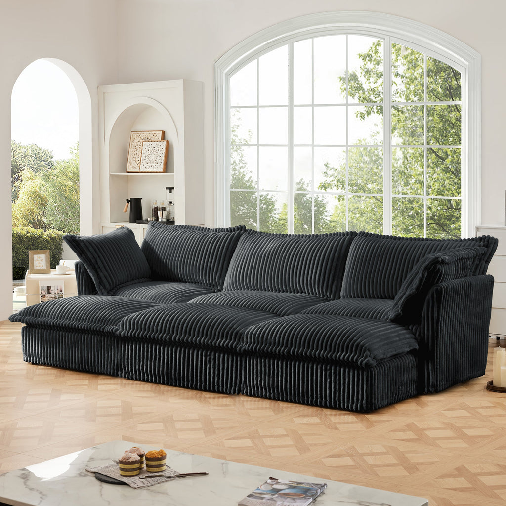 Living Room Sofa Slipcovered Sofa 3 Seater Sofa With 3 Ottomans, Oversized 3-Seat Sleeper Sofa Bed Home Theater Sofa, Corduroy, Gray