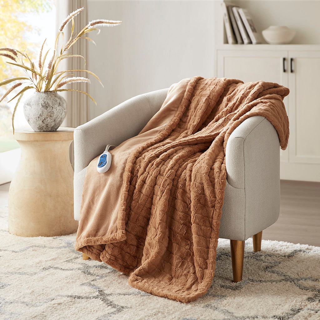 1 PCS 50x70' Oversized Faux Fur Heated Throw Brown Texture