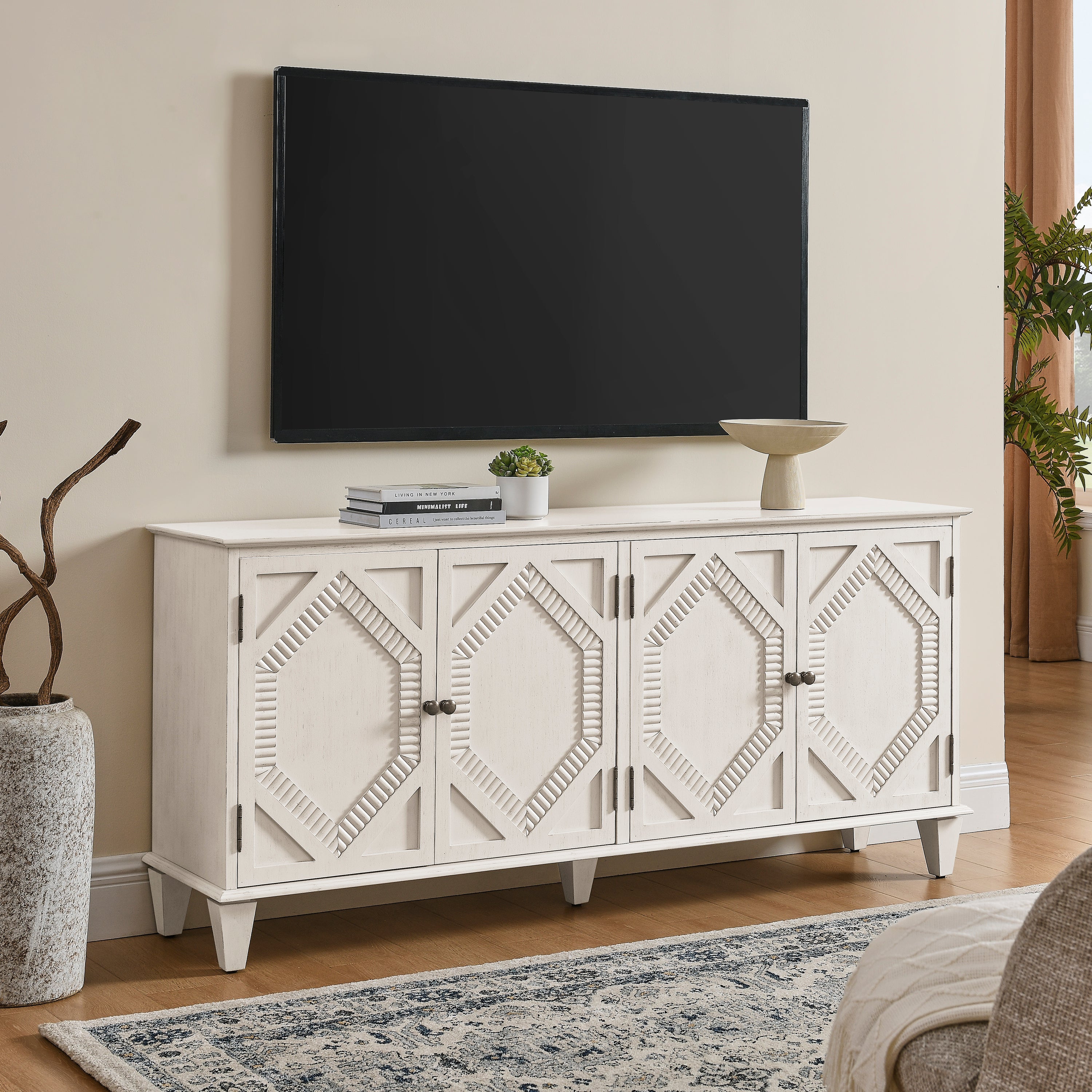 65.2' Mid Century Modern Sideboard Buffet Cabinet with Storage, Symmetrical Geometric Accent Coffee Bar Wine Bar Storage Cabinet, Large Console Table for Living Room/Entryway/Kitchen, Antique White