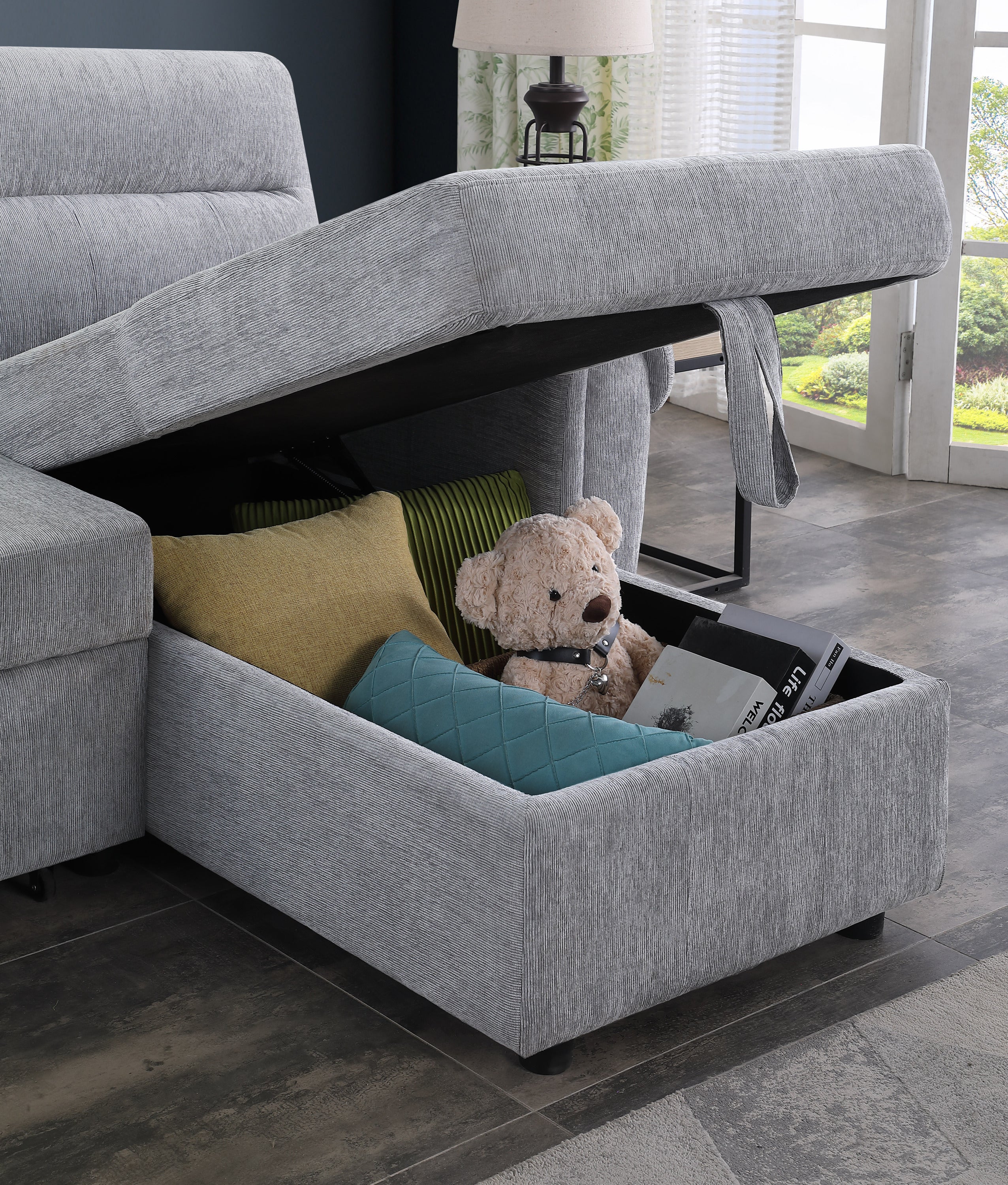 Hugo 97'W Light Gray Chenille Reversible Sleeper Sectional Sofa Chaise with USB Chargers, Phone/Magazine Pockets