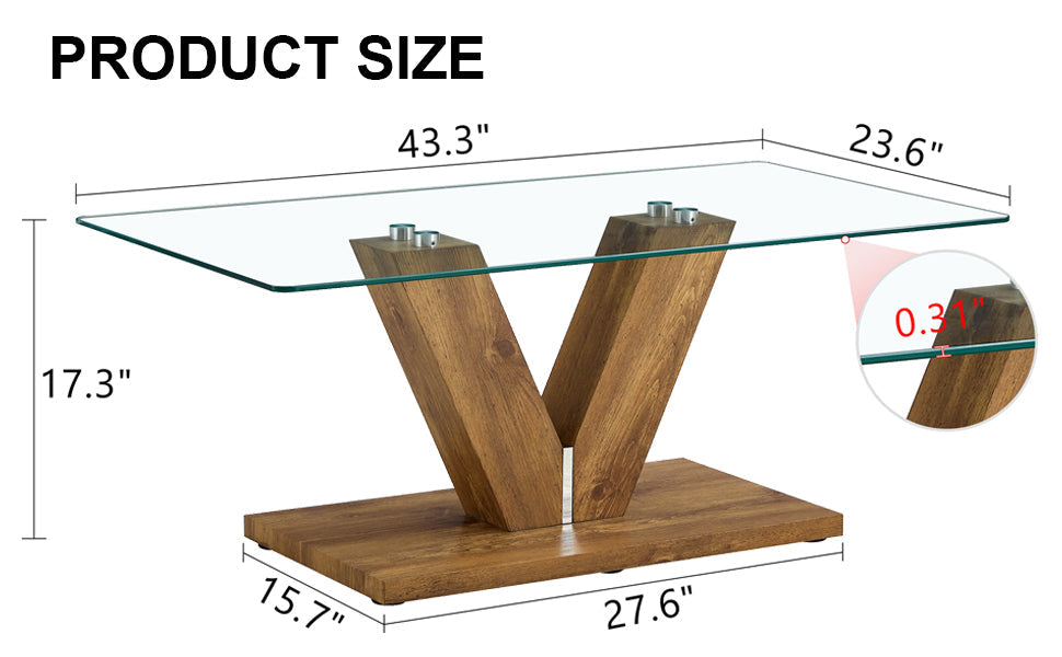 A modern minimalist style coffee table. Transparent tempered glass tabletop with wooden MDF columns. Suitable for living room and dining room.  CT-V