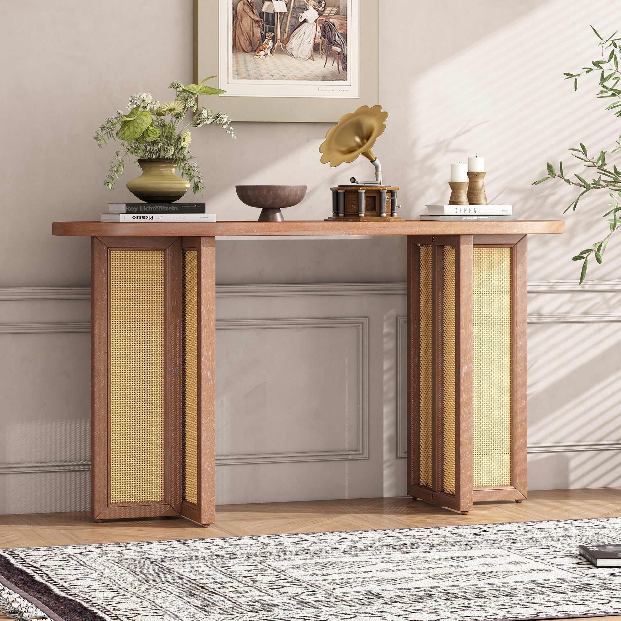 TREXM Farmhouse Rattan Console Table Entryway Table, Narrow Console Table with Storage, Hallway Table for Living Room, Entrance (Natural Wood Wash)