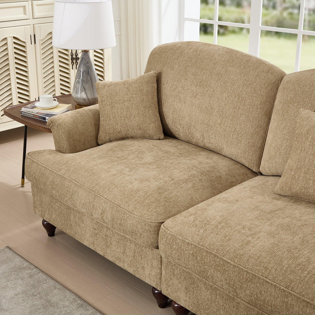 Classic Comfy Modular U Shape Sectional Sofa Couch with Flared Arms and Removable Ruffles Pleats Skirts and Spindle Legs, Upholstered Chenille Deep Seat Cloud Sofa with Movable Ottomans, Light Coffee