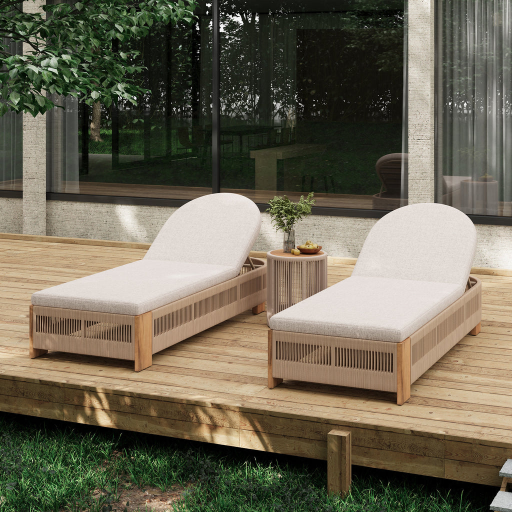 Outdoor Rope Chaise Lounge Set of 5, Patio Lounge Chairs, Outside Poolside Lounge Furniture, Teak look wood Side Table and Beige Cushions, Chaise Lounge with Adjustable Backrest( Beige rope)