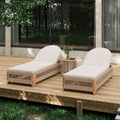 Outdoor Rope Chaise Lounge Set of 5, Patio Lounge Chairs, Outside Poolside Lounge Furniture, Teak look wood Side Table and Beige Cushions, Chaise Lounge with Adjustable Backrest( Beige rope)