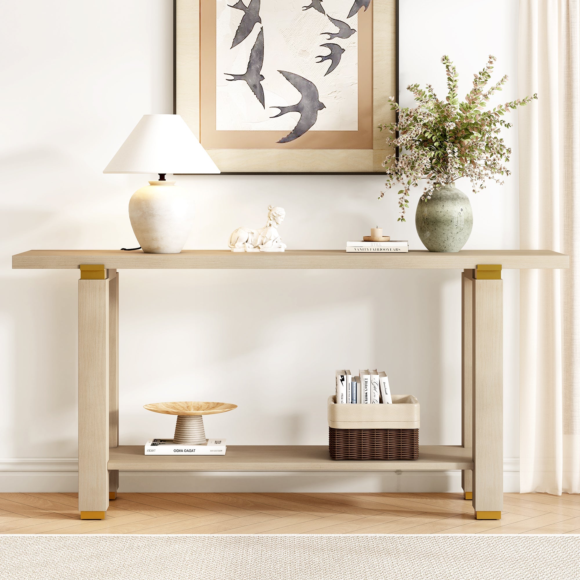 U_Style 62.9' Modern Minimalist Console Table, Solid Wood Entryway Sofa Table with Metal Accents, Built-in Shelf, for Living Room, Hallway (3 Colors: Black, Gray, Natural)