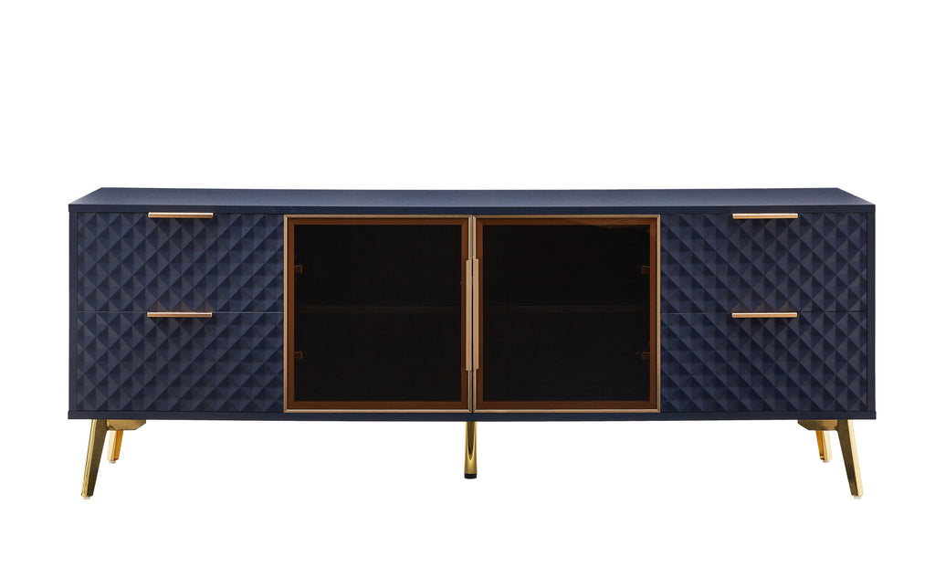 Deluxe Sculpted Modern Fashion Geometric Style TV Stand, Aluminum Frame Tempered Glass Door 4 Drawer Chest with Adjustable Metal Feet ,Dark Blue,59.9'L x 15.7'W x 21.7'H