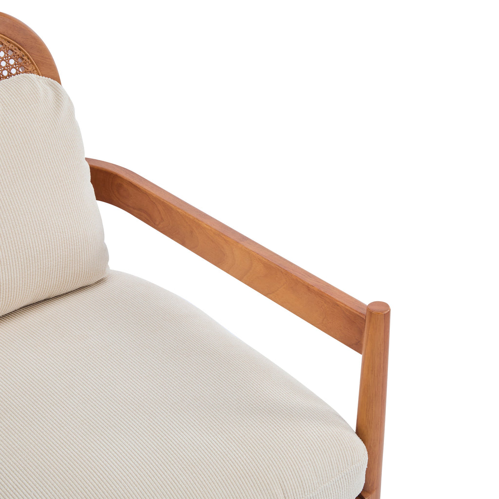 [Set of 2]  26.6' Mid-Century Modern Accent Chair with Walnut Finish Solid Wood Frame and Rattan Backrest, Beige Cushion with Striped Fabric,  Comfy Armchairs for Living Room, Bedroom, Reading Nook