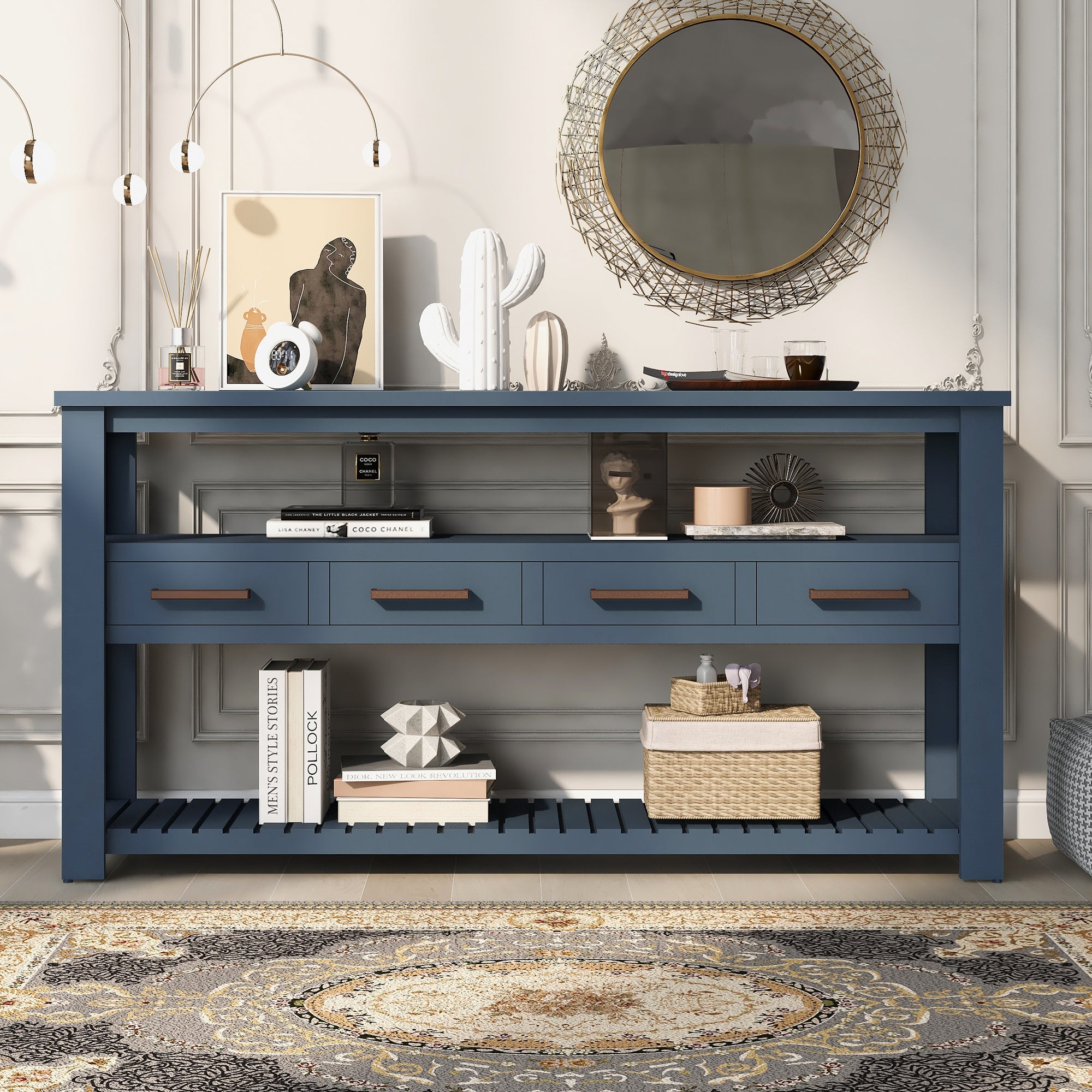 U_STYLE 62.2''Large Entryway Table with 4 Drawers,Painted Console Table with 3-Tier Open Shelves and Metal Handles,Versatile Hallway Sofa Table for Living Room, Bedroom, Foyer and Kitchen