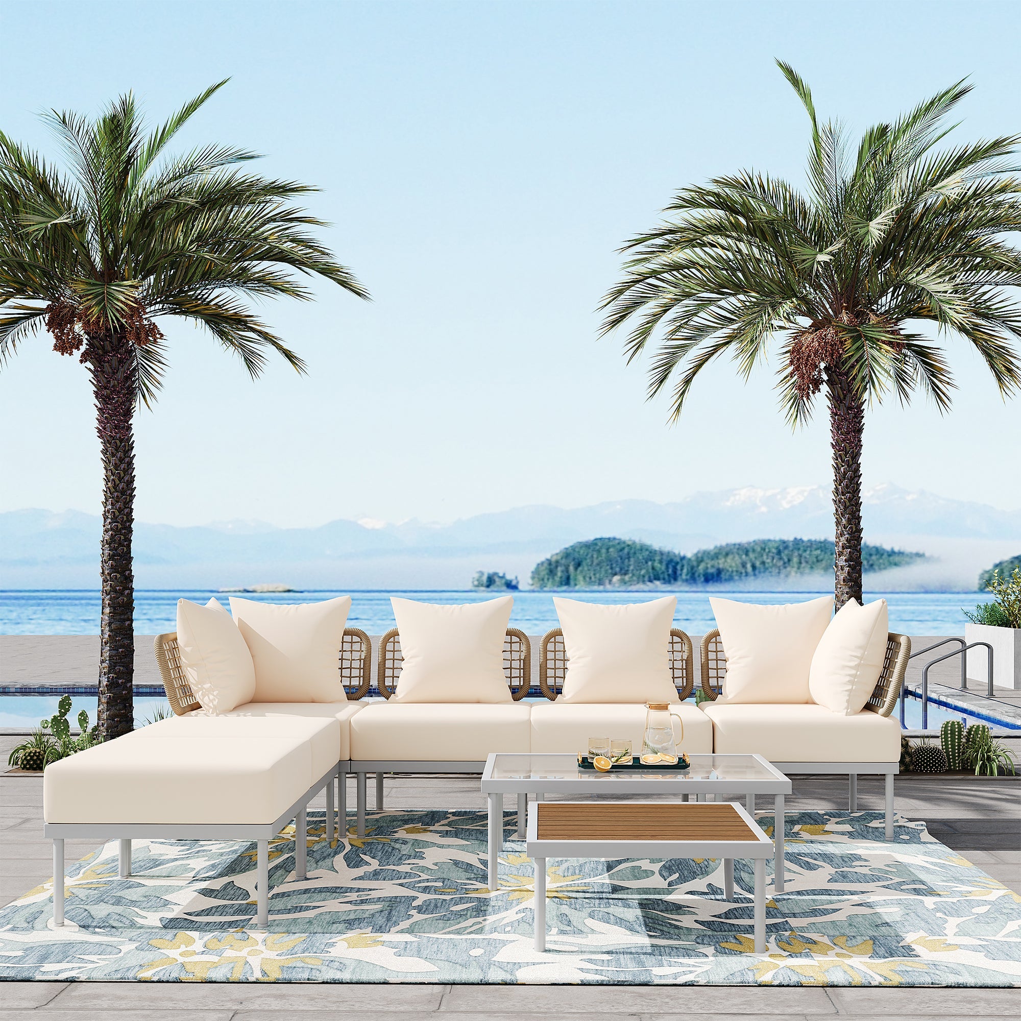 TREXM 8-Piece Patio Sectional Sofa Set with Tempered Glass Coffee Table and Wooden Coffee Table for Outdoor Oasis, Garden, Patio and Poolside (Beige Cushion + White Steel)