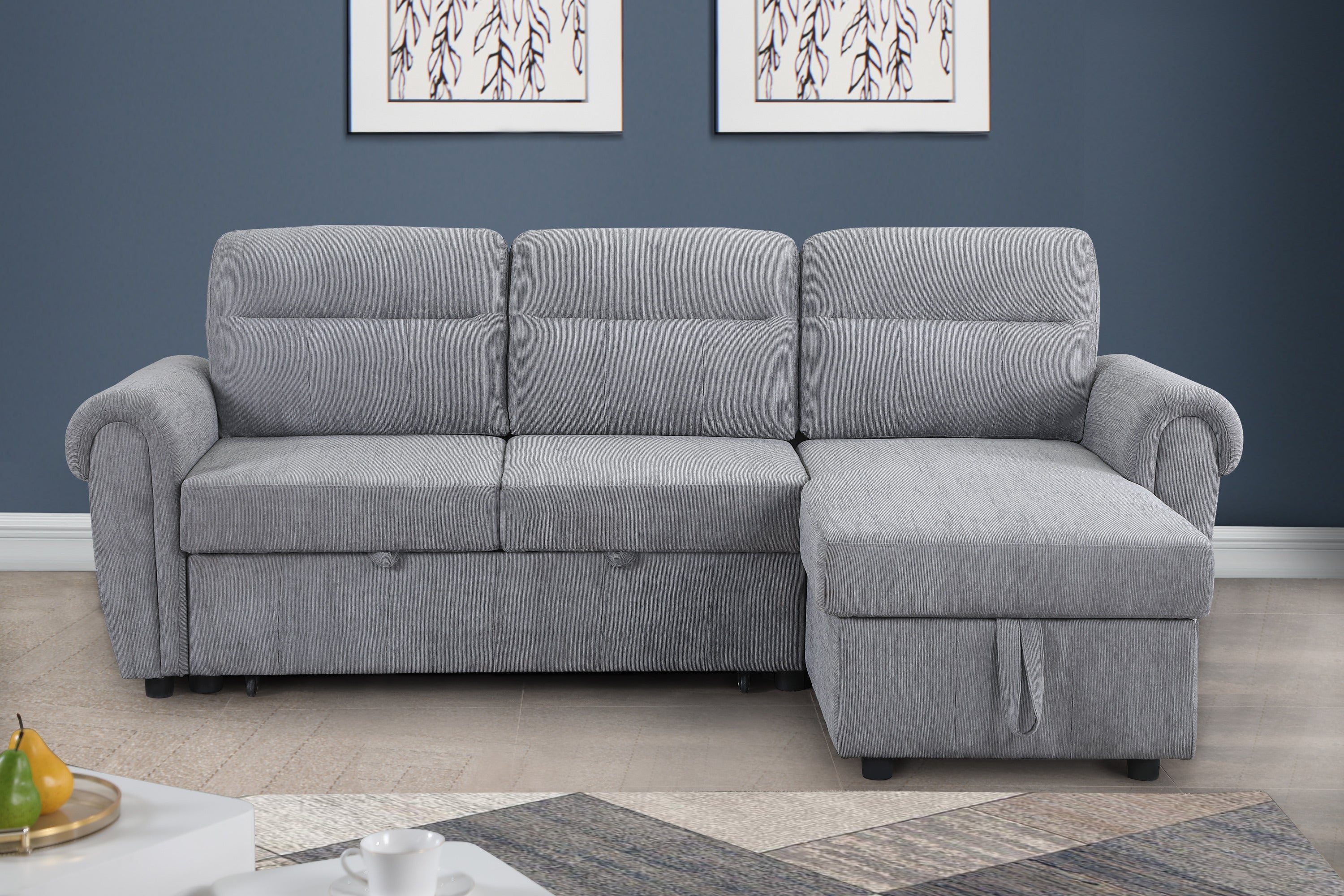 Hugo 97'W Light Gray Chenille Reversible Sleeper Sectional Sofa Chaise with USB Chargers, Phone/Magazine Pockets