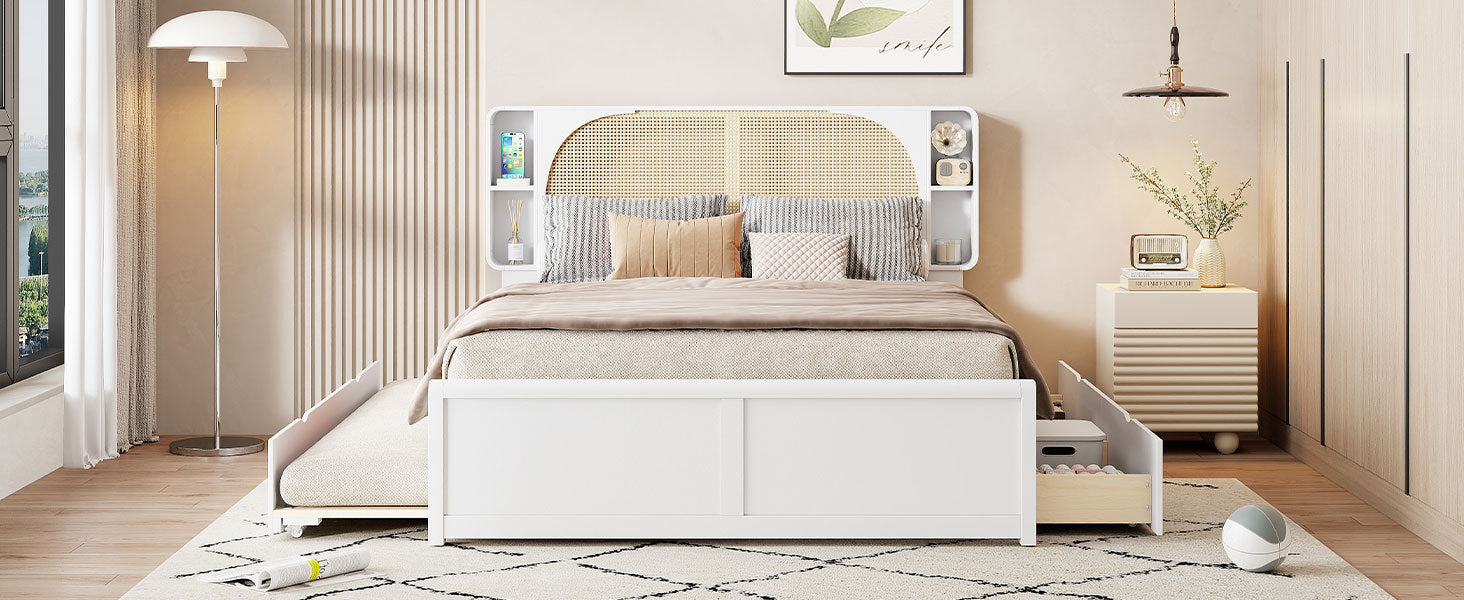 Queen Size Rattan Headboard Bed with Two Drawers and Trundle, White