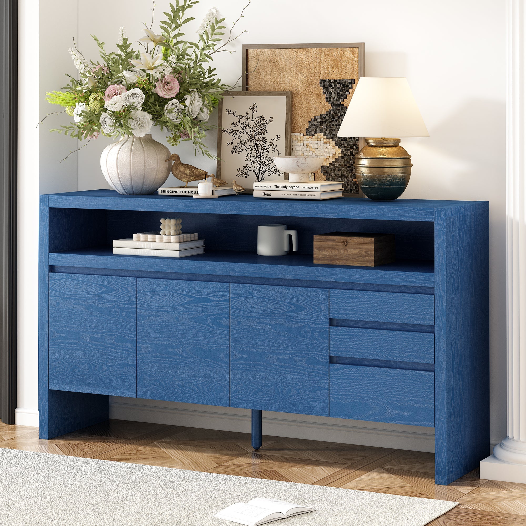 U_Style 60' 3-Door Sideboard with 3 Drawers - Modern Solid Ash Veneer MDF Sideboard, Semi-Open Shelf & Center Semi-Circular Cutout in Back Panel, Large Storage Cabinet for Living Room, Hallway, Dining