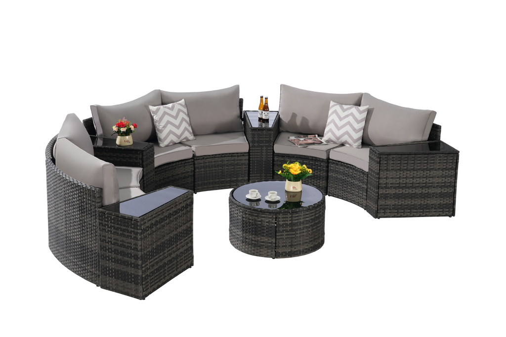 Outdoor Patio Furniture 11-Piece Half-Moon Sectional Round Patio Furniture Set Sofa with Tempered Glass Round Coffee Table