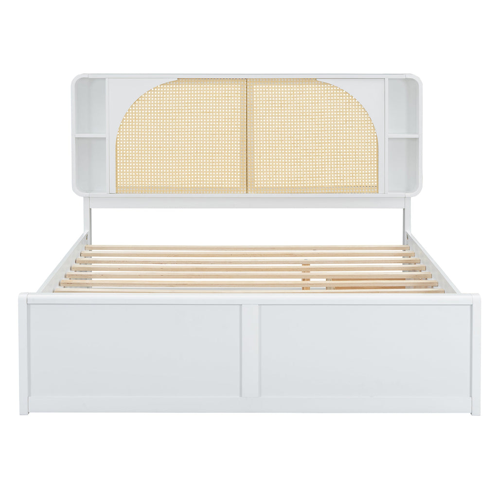 Queen Size Rattan Headboard Bed with Two Drawers and Trundle, White