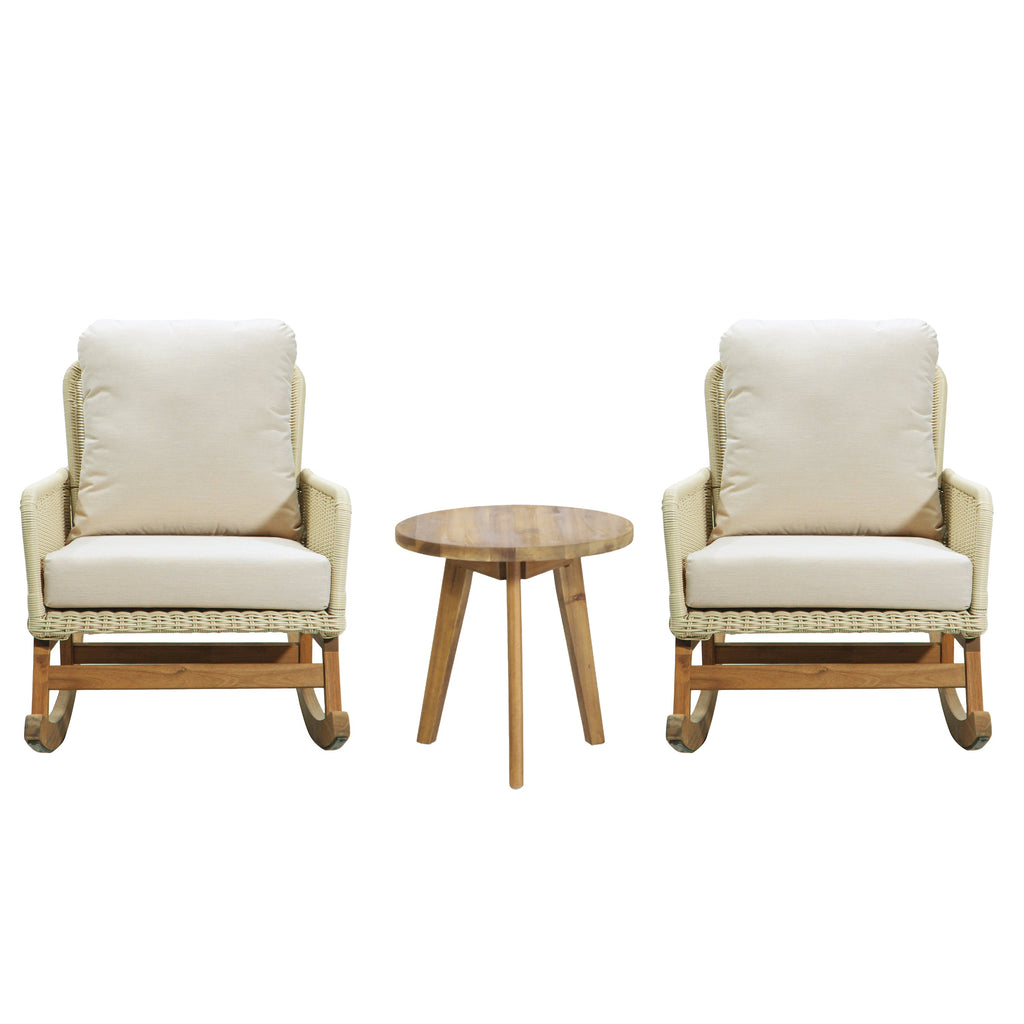 Modern 3-Piece Outdoor Seating Set with Ivory Cushioned PE Rattan Rocking Chairs and Wooden Accent Table, Perfect for Patio or Balcony Relaxation