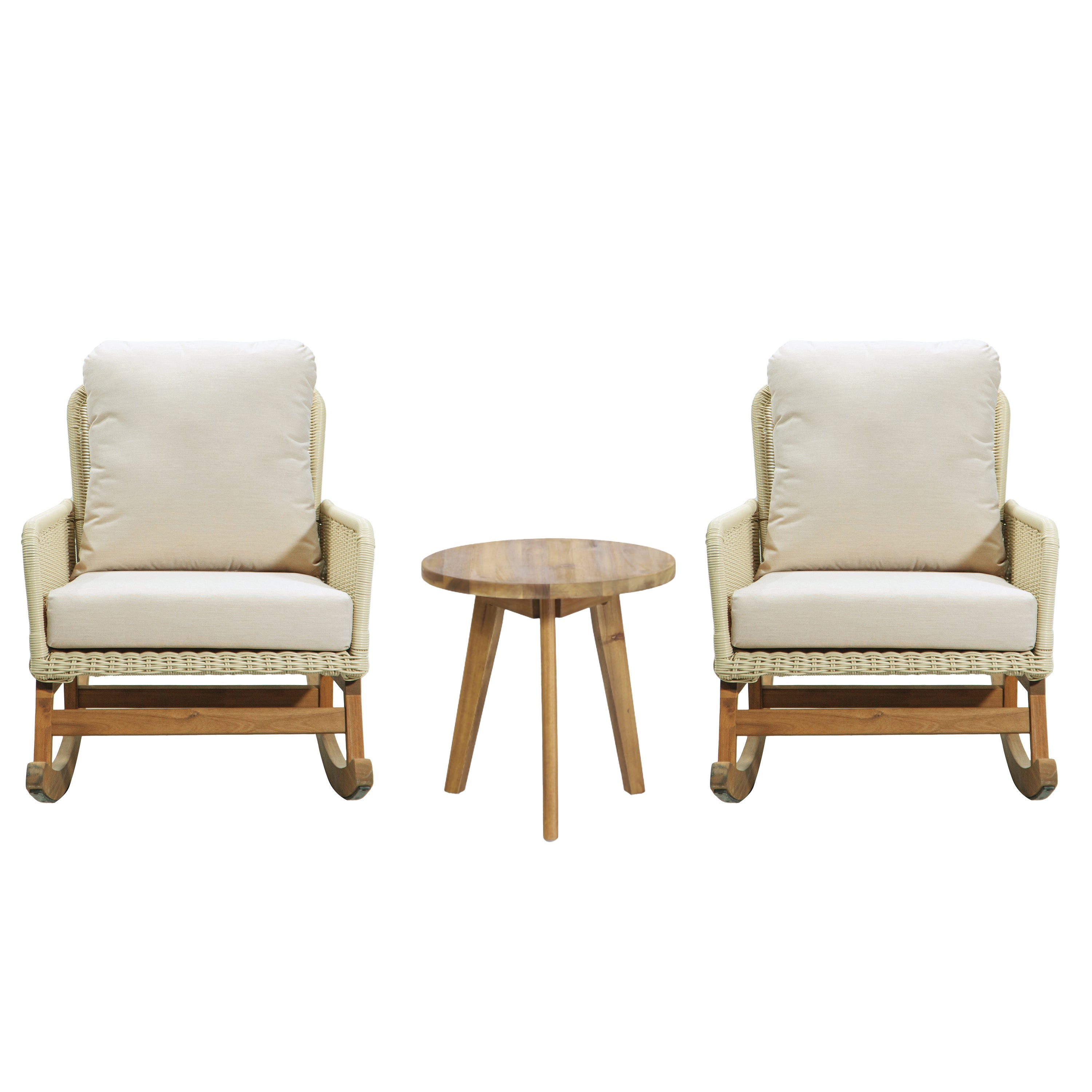Modern 3-Piece Outdoor Seating Set with Ivory Cushioned PE Rattan Rocking Chairs and Wooden Accent Table, Perfect for Patio or Balcony Relaxation
