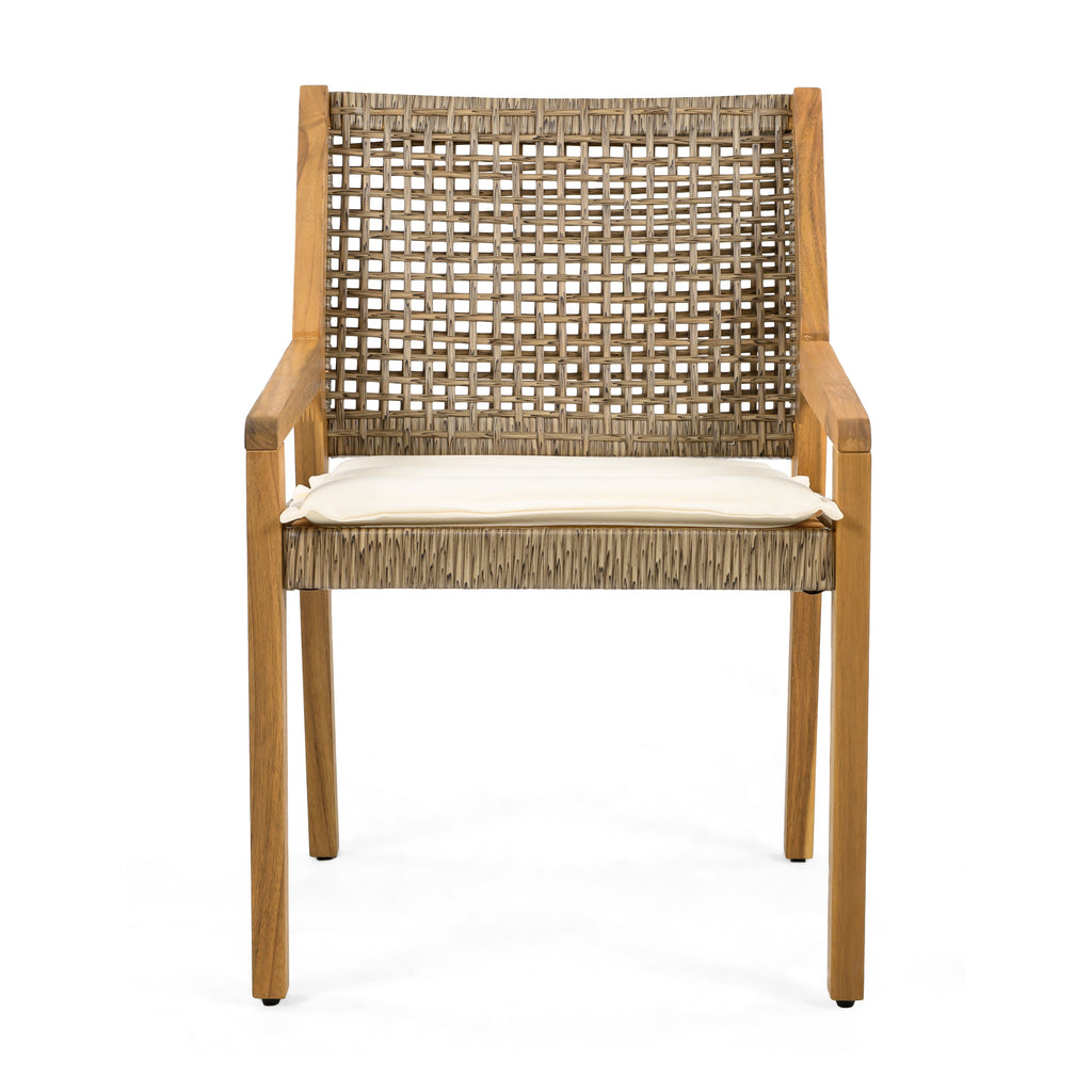 Outdoor Dining Set – Premium Acacia Wood Della Table & Wicker Chairs with Cream Cushion for Comfortable Dining Experience,Suitable for large gatherings(1 Table + 4 Chairs)