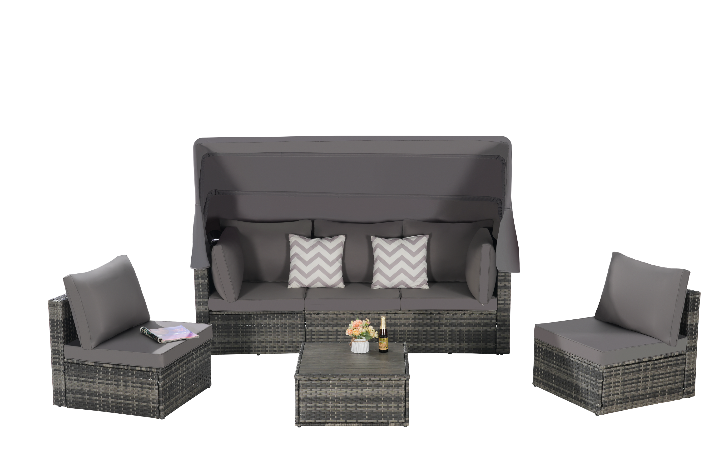 5 Pieces Outdoor Patio Wicker Daybed Furniture Set with Retractable Canopy, Storable Side Table, and Soft Cushions for Relaxing in Your Backyard or Porch