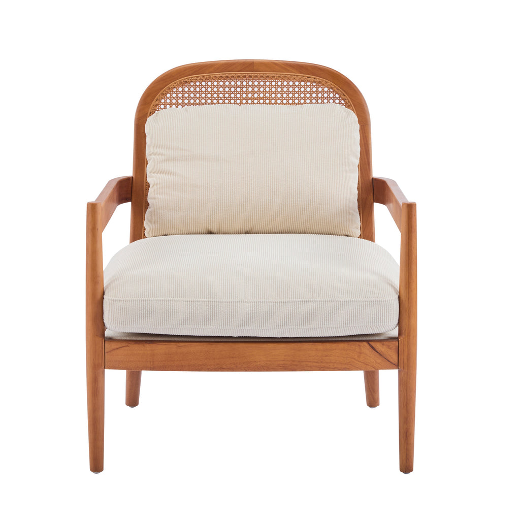 [Set of 2]  26.6' Mid-Century Modern Accent Chair with Walnut Finish Solid Wood Frame and Rattan Backrest, Beige Cushion with Striped Fabric,  Comfy Armchairs for Living Room, Bedroom, Reading Nook