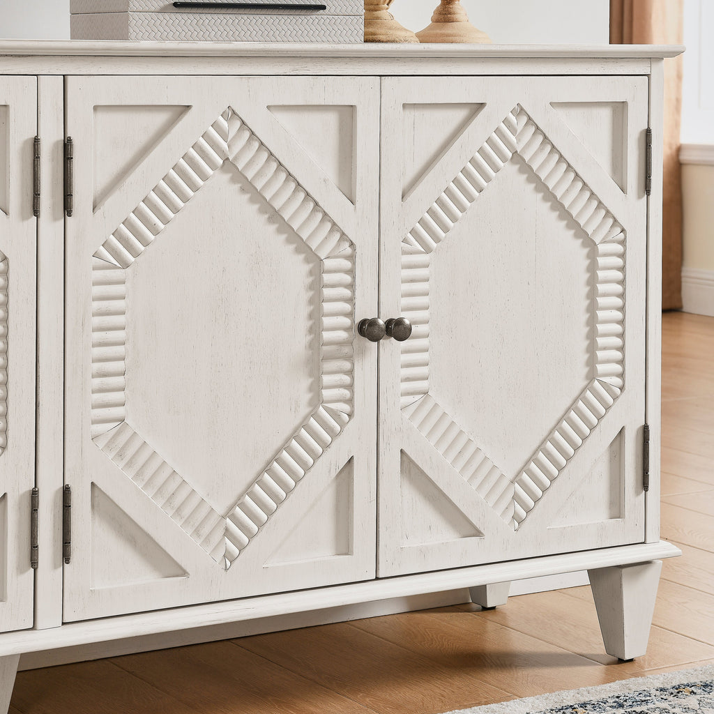 65.2' Mid Century Modern Sideboard Buffet Cabinet with Storage, Symmetrical Geometric Accent Coffee Bar Wine Bar Storage Cabinet, Large Console Table for Living Room/Entryway/Kitchen, Antique White