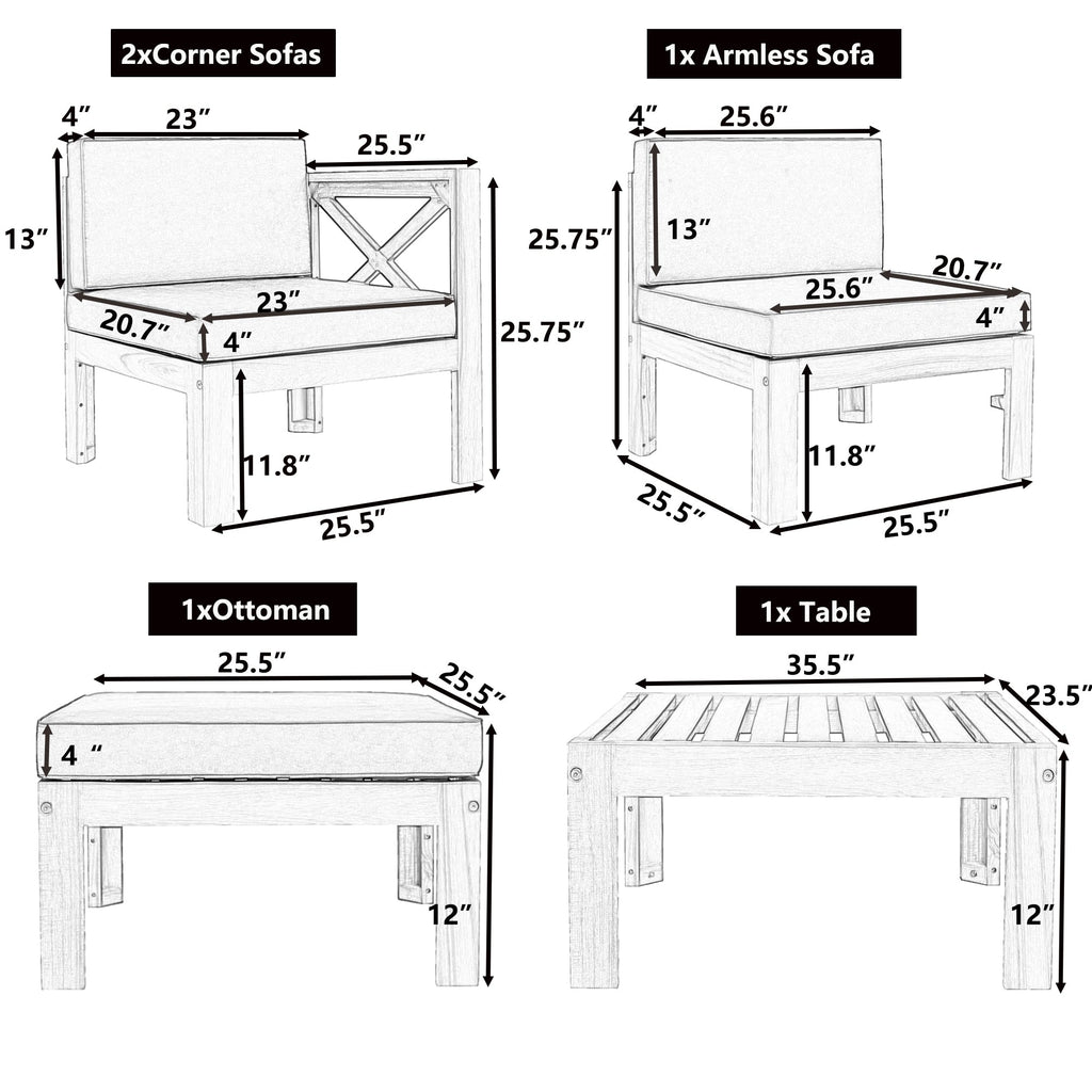 TOPMAX Outdoor Backyard Patio Wood 5-Piece Sectional Sofa Seating Group Set with Cushions, Natural Finish+ Beige Cushions
