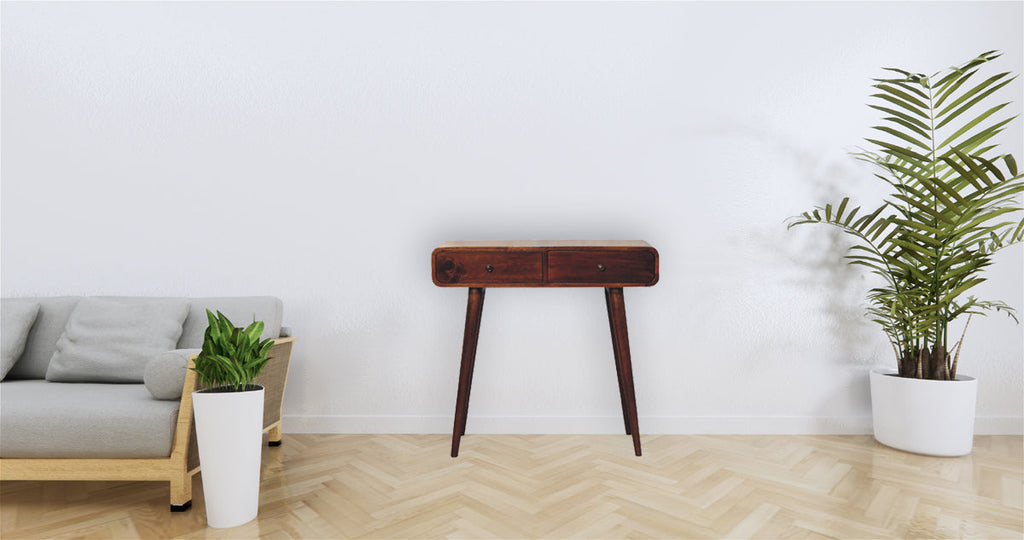 Solid Wood Chestnut Curved Hallway Table, 2-Drawers, Nordic Legs, Dark Brown