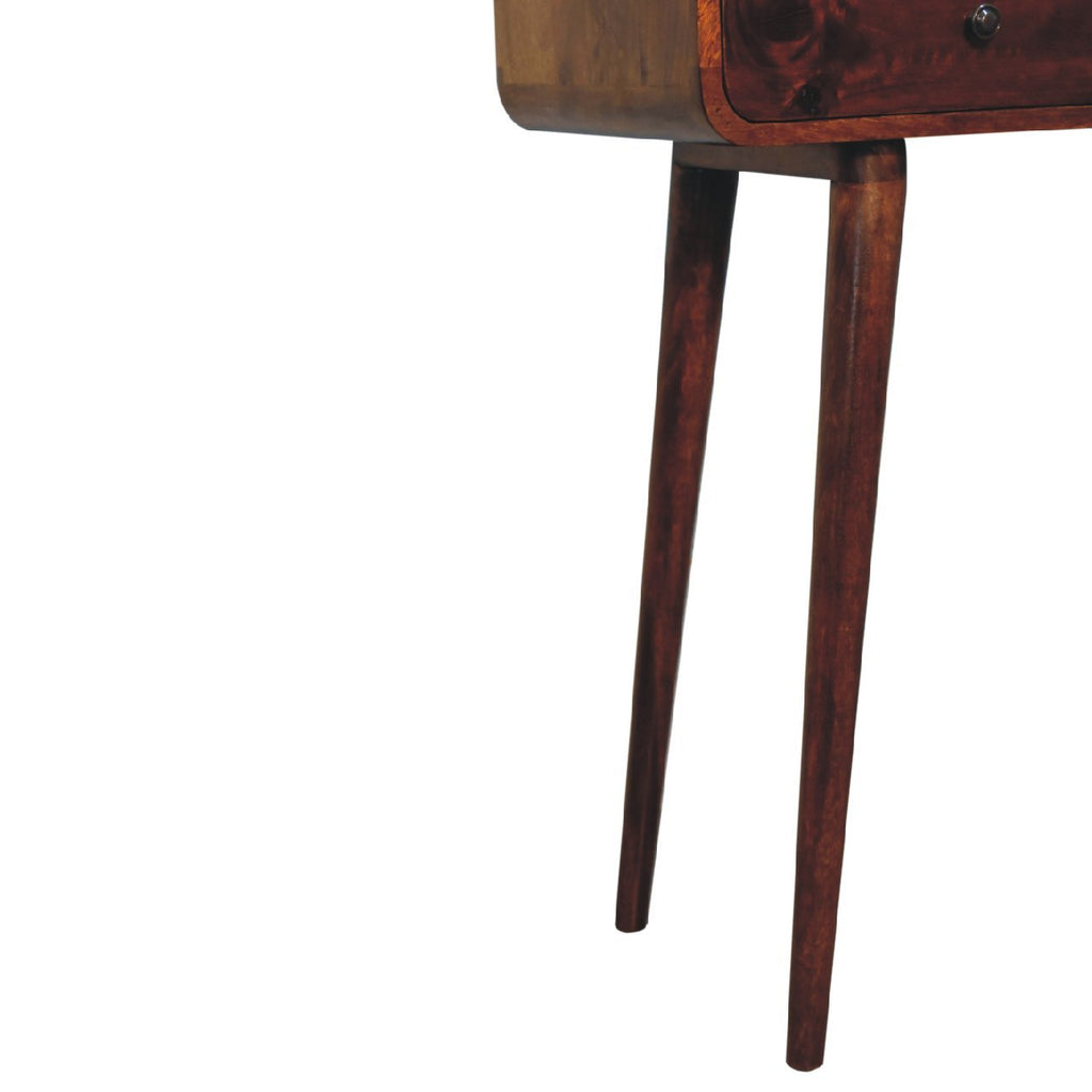 Solid Wood Chestnut Curved Hallway Table, 2-Drawers, Nordic Legs, Dark Brown
