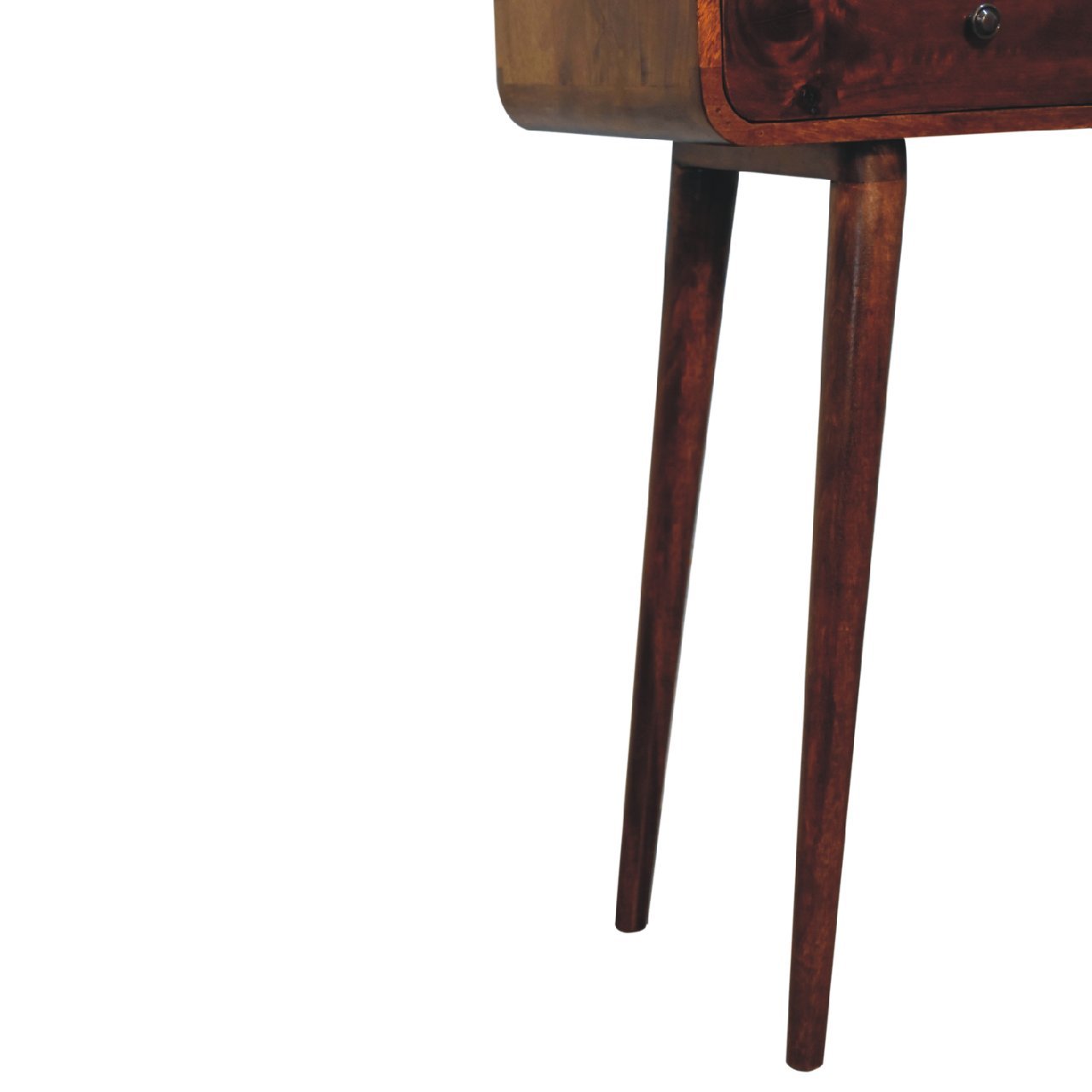 Solid Wood Chestnut Curved Hallway Table, 2-Drawers, Nordic Legs, Dark Brown