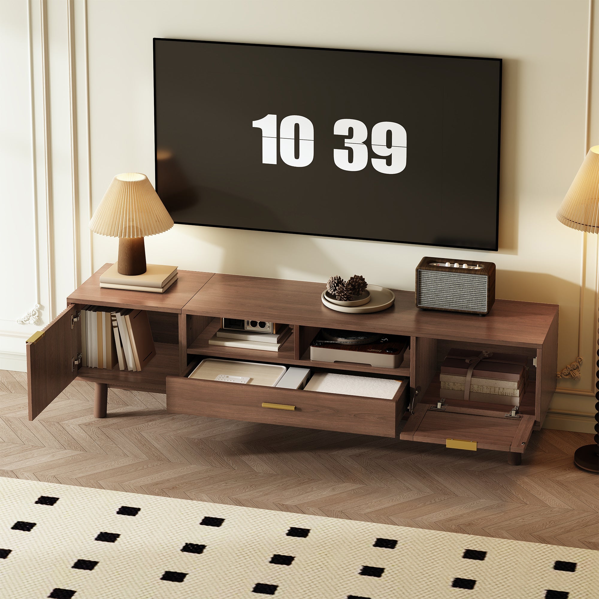 Wood Fashionable TV Stand for 75' TVs, TV Cabinet with Soft-Closing Door and Drop-Down Door Cabinet, Modern TV Consoles for Living Room, Bedroom