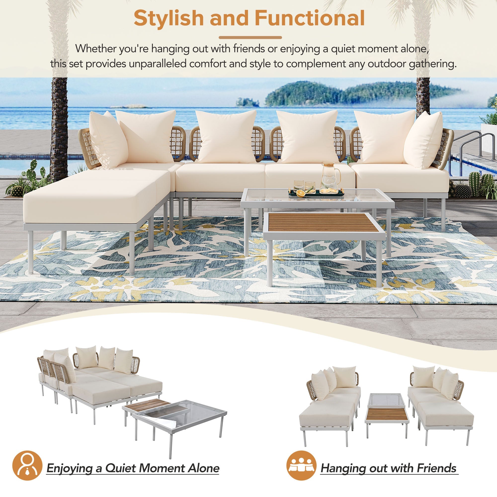 TREXM 8-Piece Patio Sectional Sofa Set with Tempered Glass Coffee Table and Wooden Coffee Table for Outdoor Oasis, Garden, Patio and Poolside (Beige Cushion + White Steel)