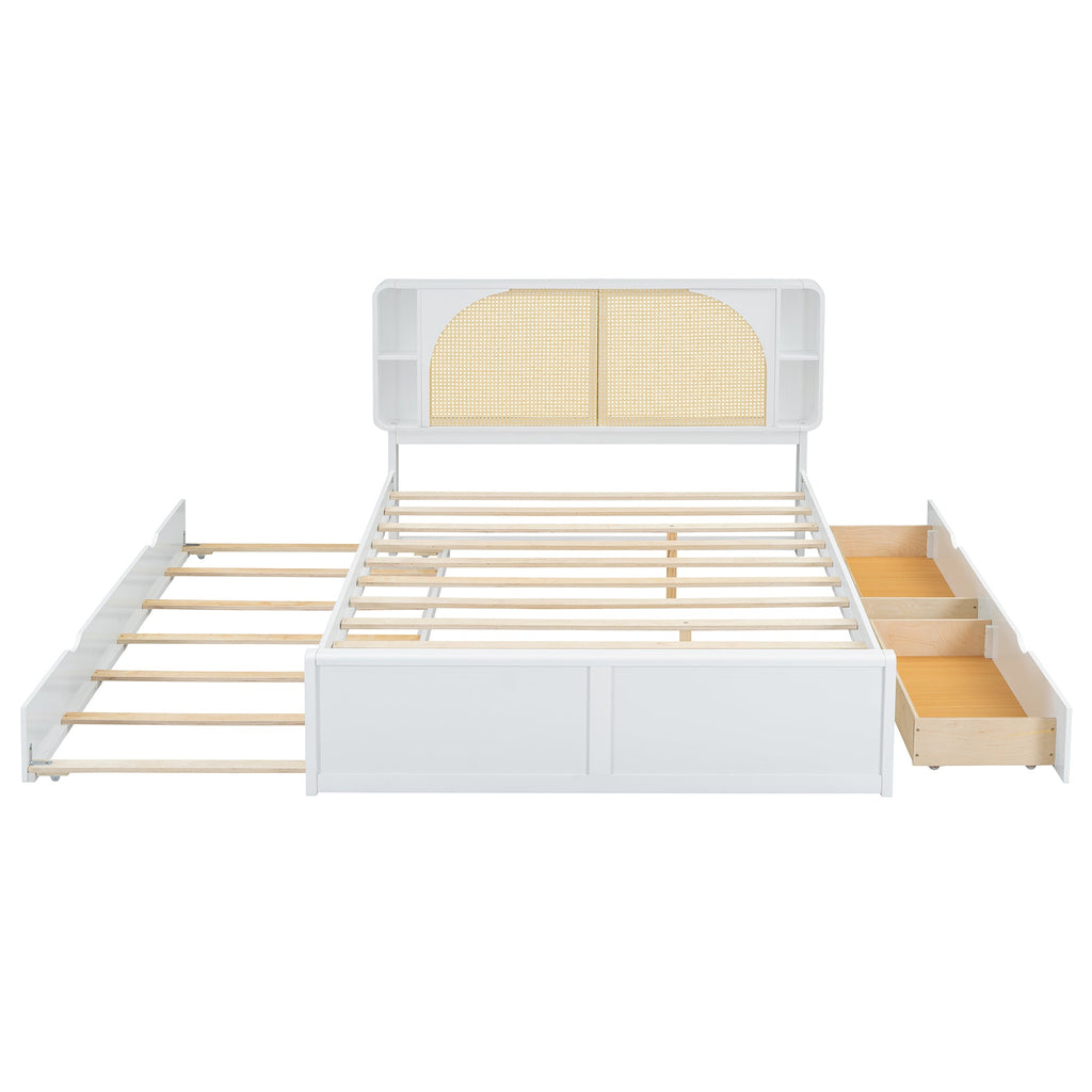 Queen Size Rattan Headboard Bed with Two Drawers and Trundle, White