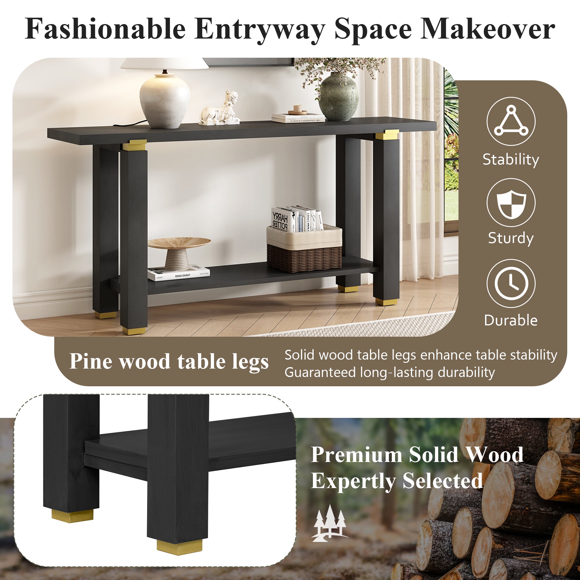 U_Style 62.9' Modern Minimalist Console Table, Solid Wood Entryway Sofa Table with Metal Accents, Built-in Shelf, for Living Room, Hallway (3 Colors: Black, Gray, Natural)
