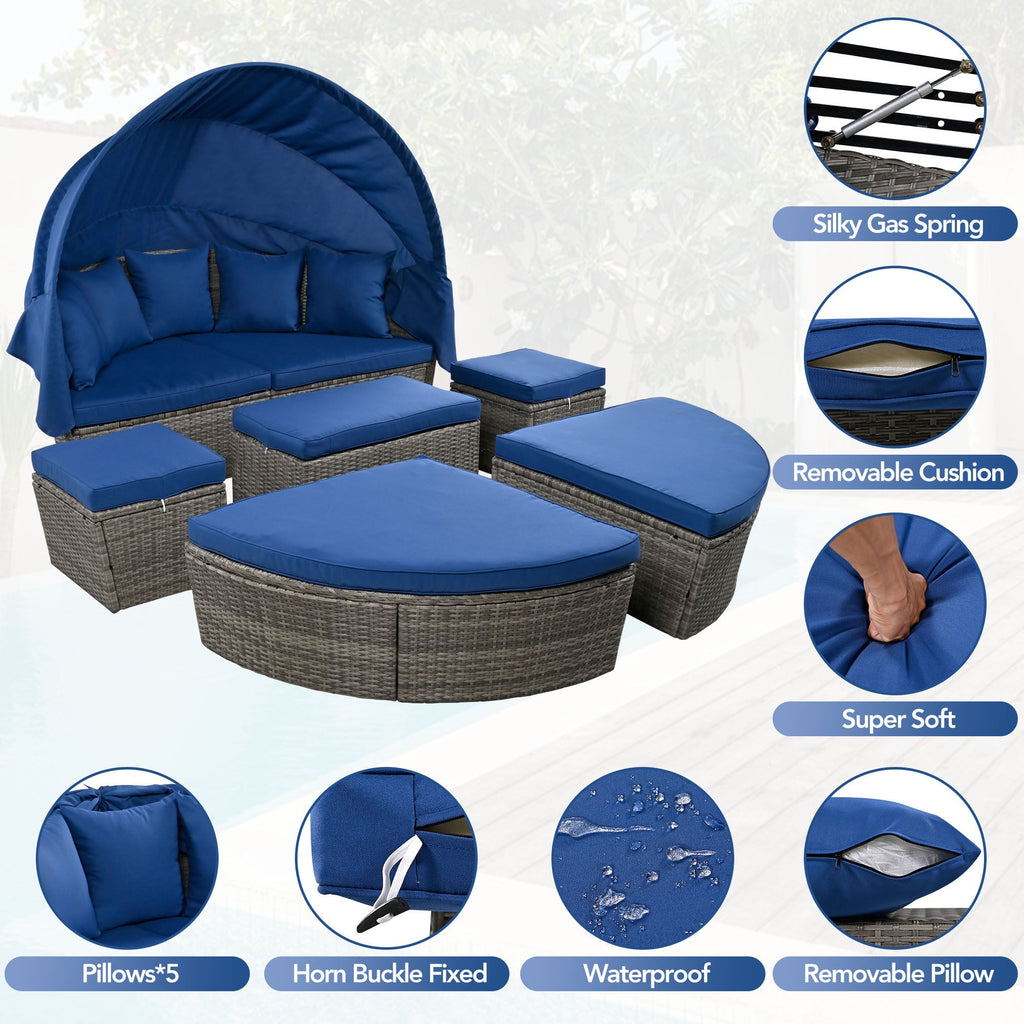 GO Outdoor rattan daybed sunbed with Retractable Canopy Wicker Furniture, Round Outdoor Sectional Sofa Set, Gray Wicker Furniture Clamshell Seating with Washable Cushions, Backyard, Porch, Blue