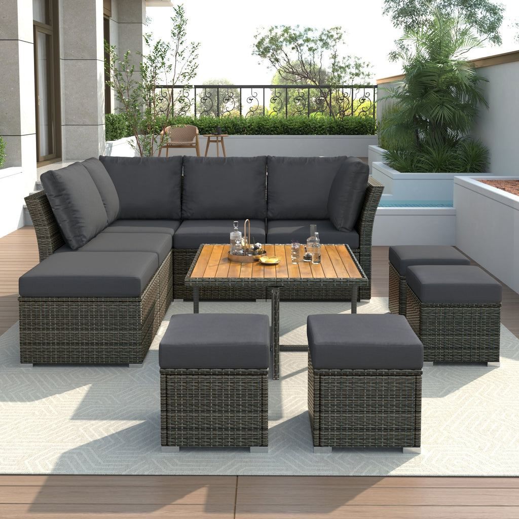U_STYLE Patio Furniture Set, 10 Piece Outdoor Conversation Set, CoffeeTable with Ottomans, Solid wood coffee table