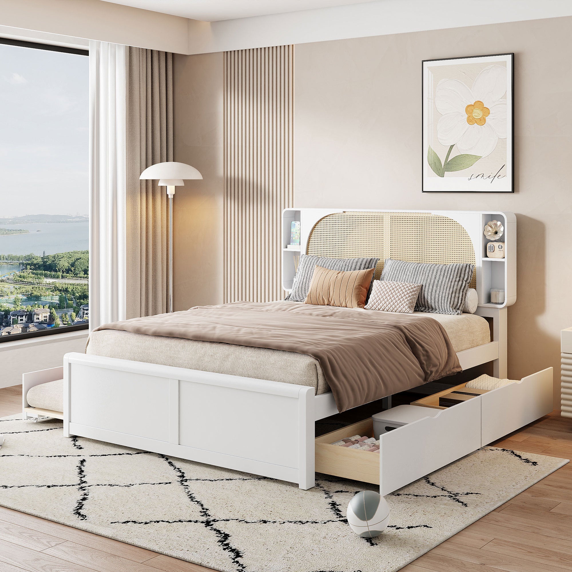 Queen Size Rattan Headboard Bed with Two Drawers and Trundle, White
